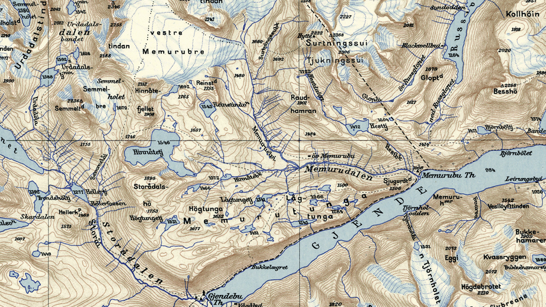Kartutsnitt over Gjende fra 1938