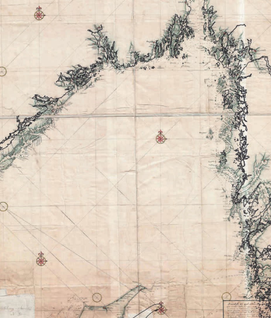 Utsnitt av historisk sjøkart over skagerrak, laget av Jens Sørensen. Den moderne og riktige kystkonturen er overlagt Sørensens egen fremstilling.