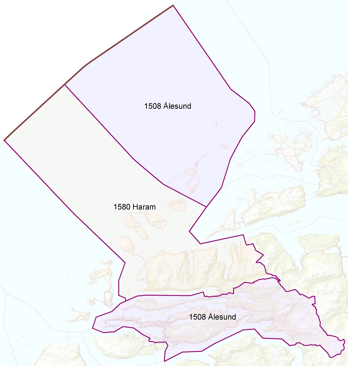 Illustrasjonskart med ny kommunegrense mellom Ålesund og Haram fra 2024