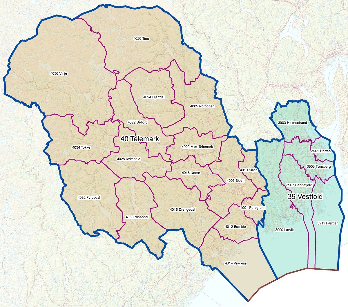 Illustrasjonskart med nye fylkesgrenser for Vestfold og Telemark fra 2024